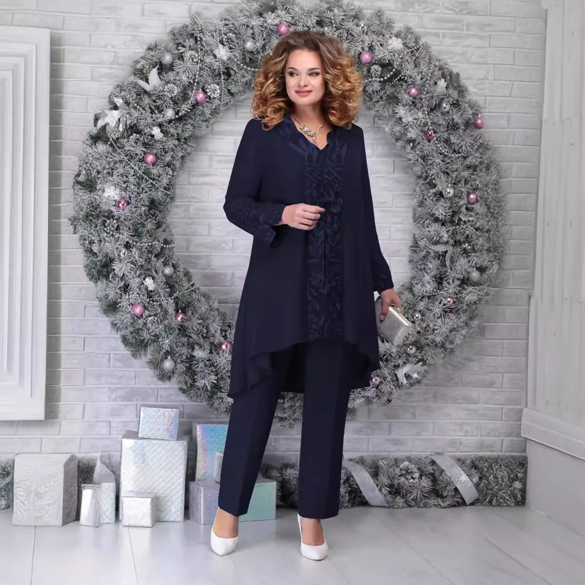 Women's 3-piece Evening Dress Splicing Embroidery Temperament Commuter Slim Suit Cocktail Clothing European American Large Size