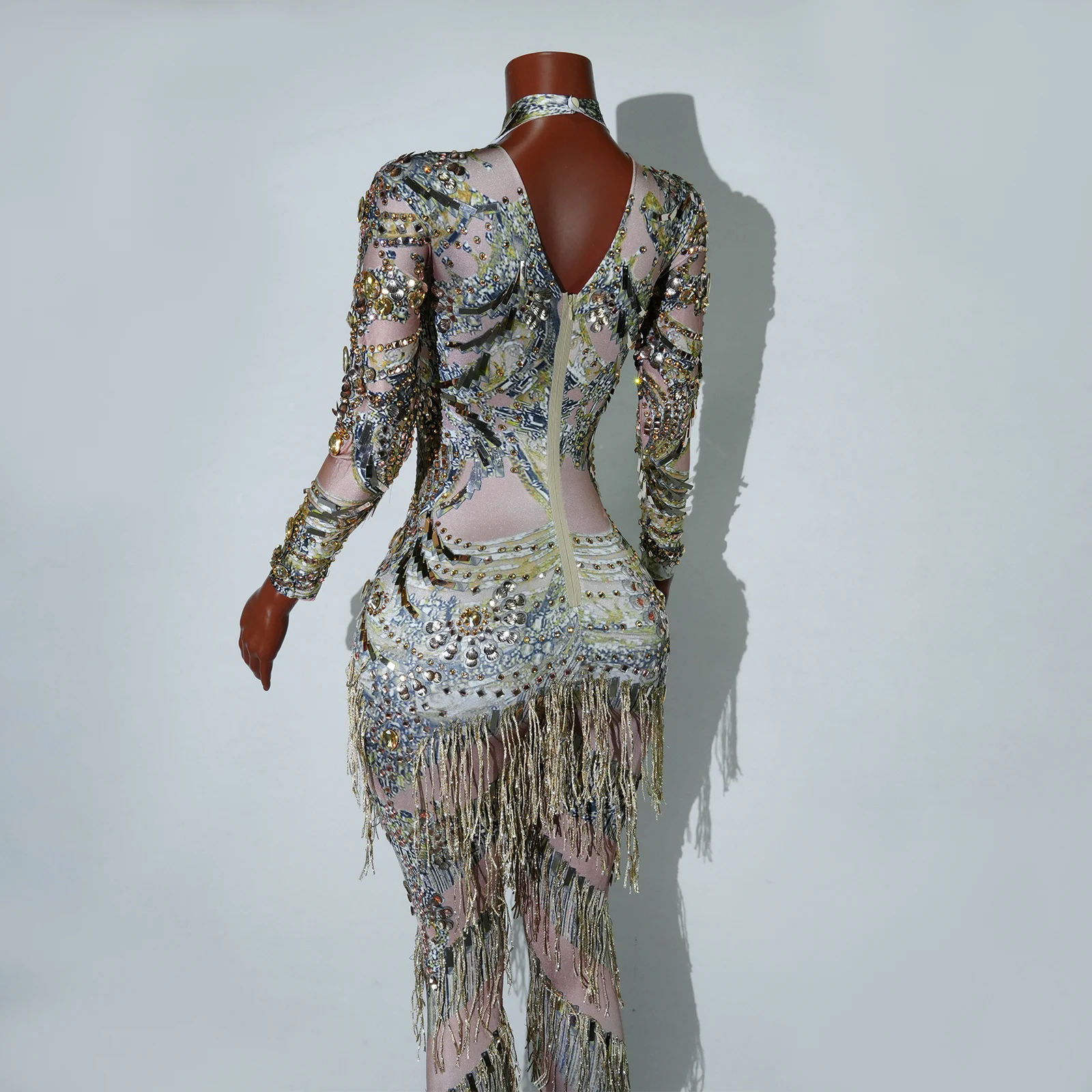 Роскошный комбинезон со стразами и длинными рукавами, женский комбинезон с блестками и бахромой, кристаллы, день рождения, танцовщица, сценические костюмы Drag Queen, костюмы для выступлений