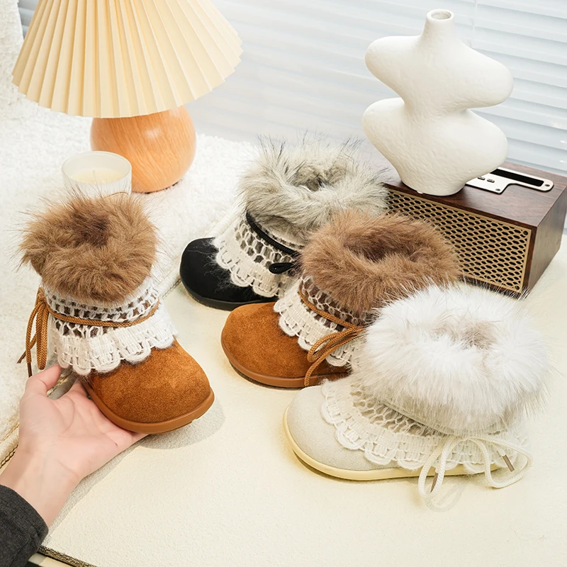 

Girls Soft Cozy Plush Leather Boots with Lace Bow 2025 New Winter Toddler Warm-lined Boots Non-slip Princess Kids Snow Boots