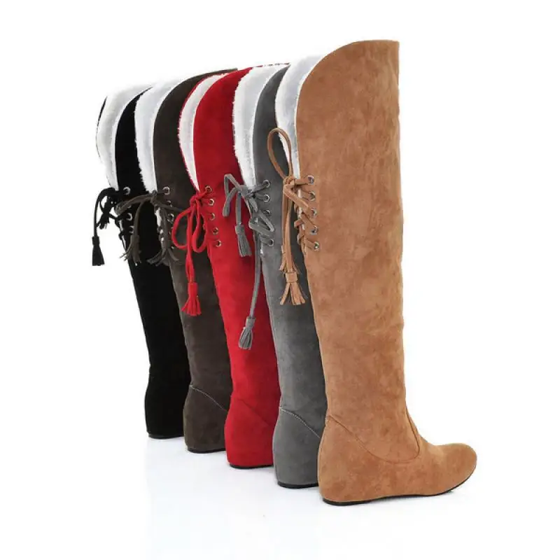 Sexy Womens Boots Winter Keep Warm Over The Knee Boots Faux Suede Wedges Thigh High Boots Comfortable Lace Up Shoes Mujer Botas