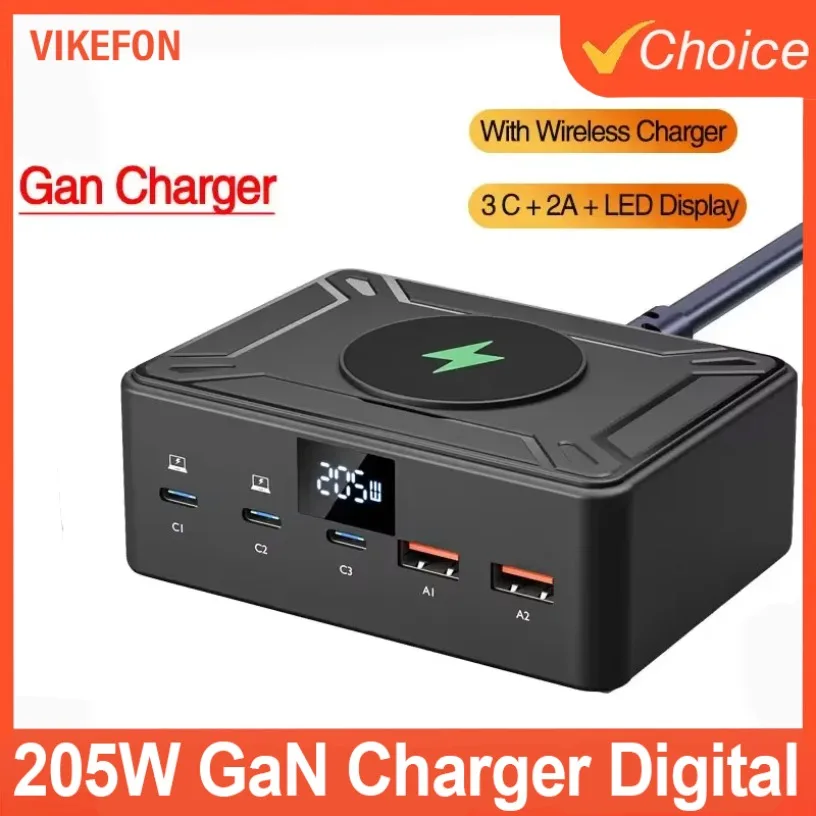 

205W Gan Charger Digital Display Desktop USB Type C Charger PD 100W QC3.0 Fast Charging For Laptop Tablet Phone EU Plug