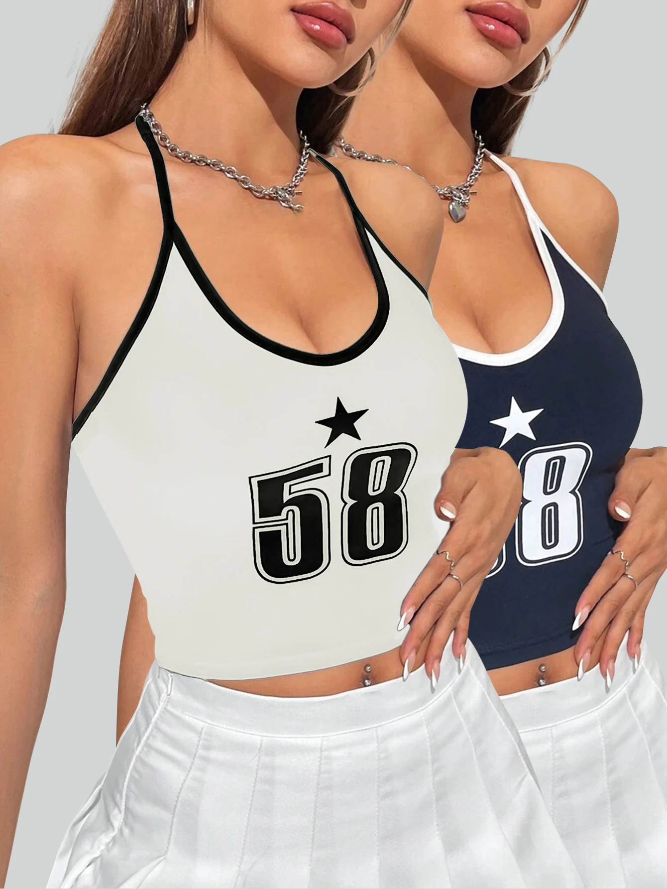 2 Pack Women Halter Neck Number 58 Star Print Crop Cami Top Contrast Binding Slim Y2K Sports Tank Top