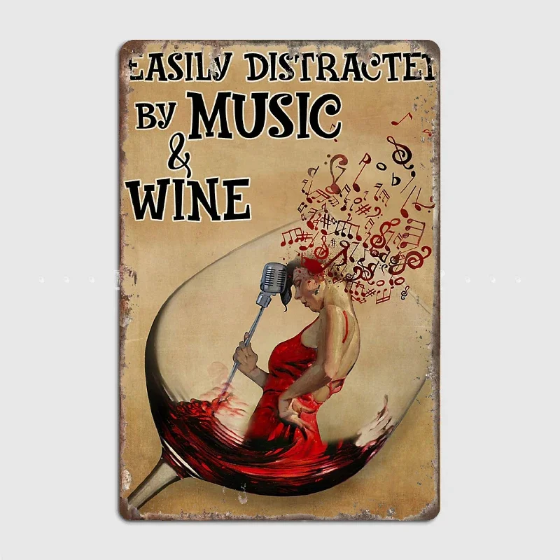 

Easily Distracted By Music And Red Wine Poste Metal Tin Sign Truck Indoor and Outdoor Home Bar Coffee Kitchen Wall Decoration