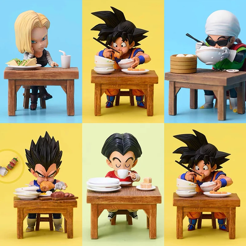 8cm Anime Dragon Ball Figures Dry Rice Son Goku Drinking Coffee Krillin Dry Rice Android 18 Action Figurine Pvc Model Kid Toys