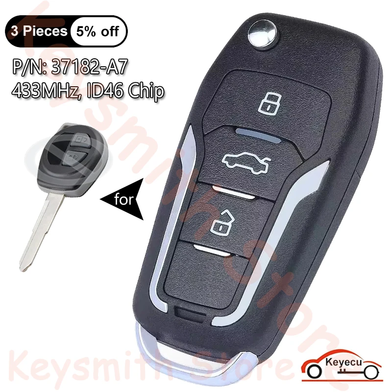 KEYECU 3 Buttons 433MHz ID46 Chip for Suzuki Auto Upgraded Flip Remote Control Key Fob Replacement P/N: 37182-A7