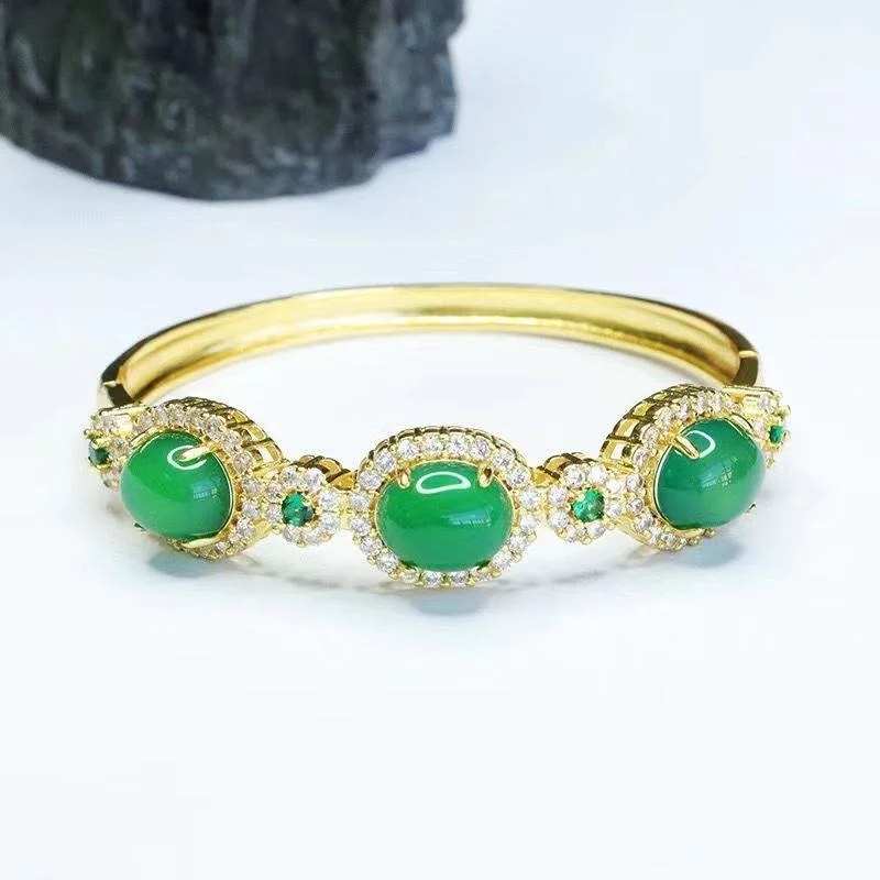 

Imperial Green High Ice Chalcedony Bracelet Inlaid with Natural Jade Full Green Jadeite Color Mom Bracelet Girlfriend Gift