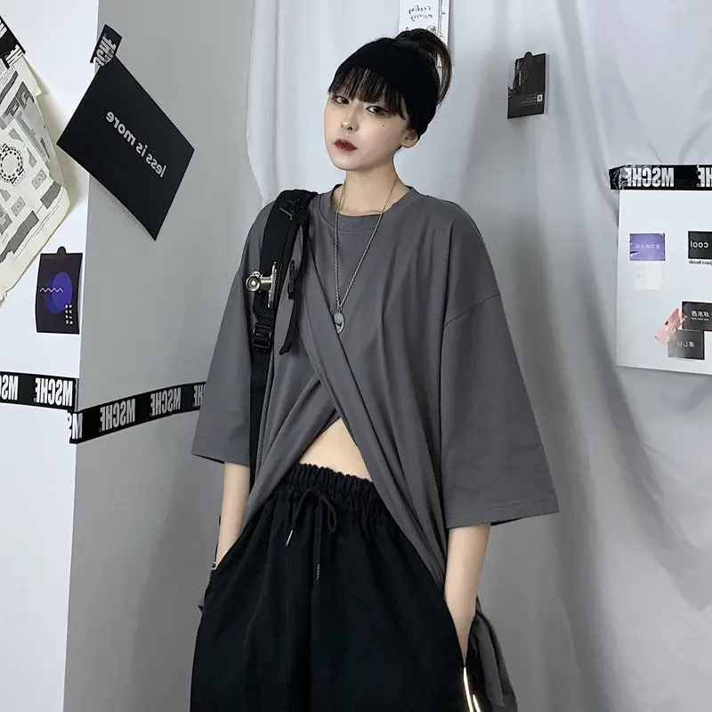 Street Casual Split Hem Black Tops Summer New Short Sleeve Solid Color Loose Trend T Shirts Fashion Harajuku Women Clothing