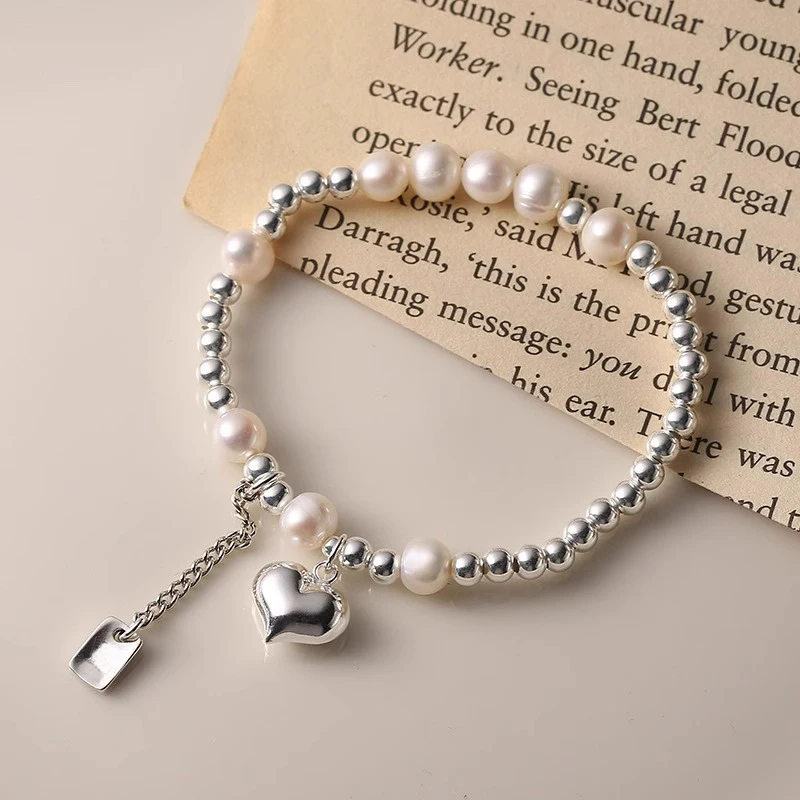 925 pulseira de prata esterlina com pérola e bola do coração para mulheres e meninas, jóias geométricas do punk, presente da moda, transporte da gota, atacado