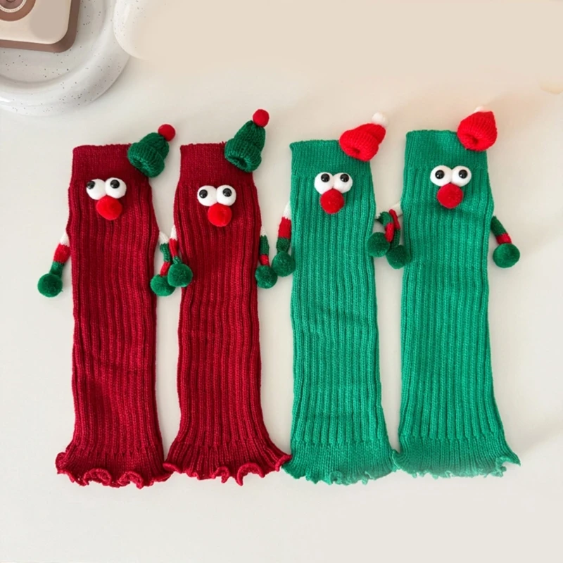 Christmas Holiday Leg Covers 3D Santa Hat Hand Holding Leg Warmers Socks with Big Curious Eyes for Women