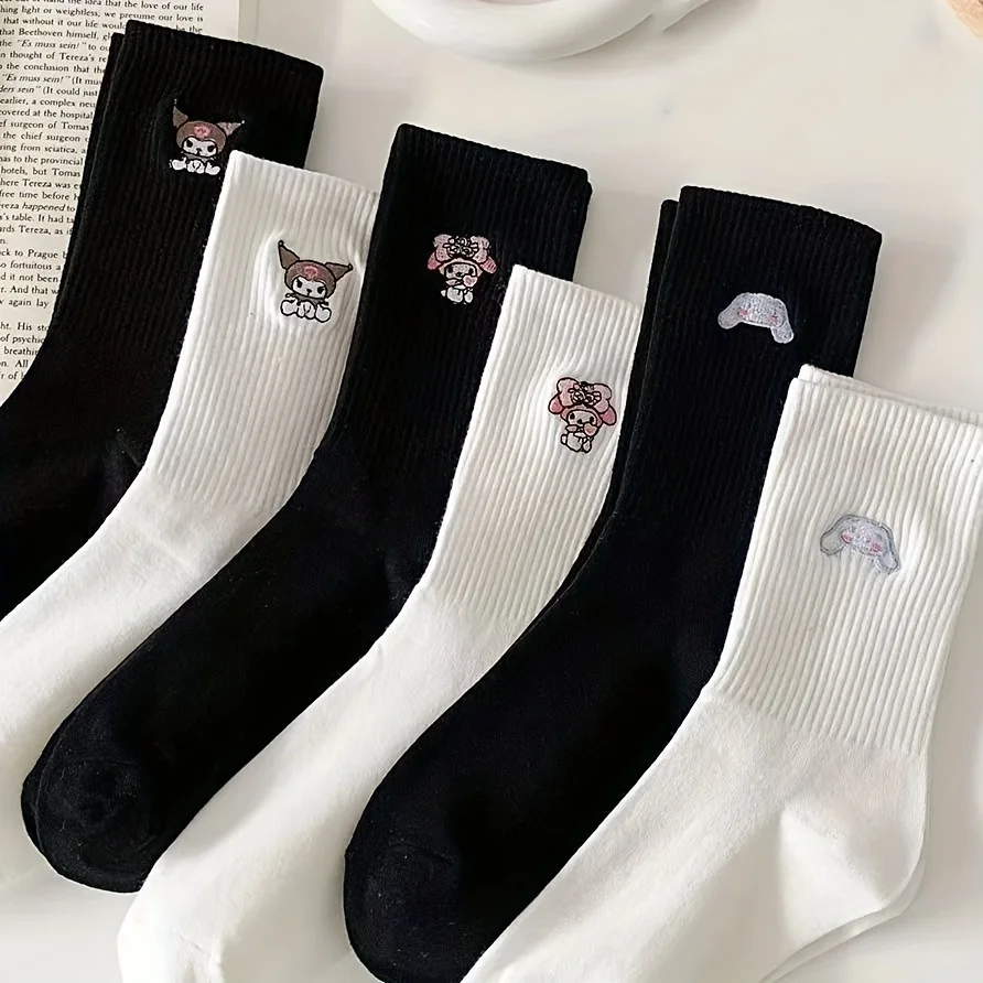 6 Pairs Sanrio Kuromi Teenager's Cute Cartoon Character Pattern Crew Socks, Breathable Comfy Socks for All Seasons Wearing