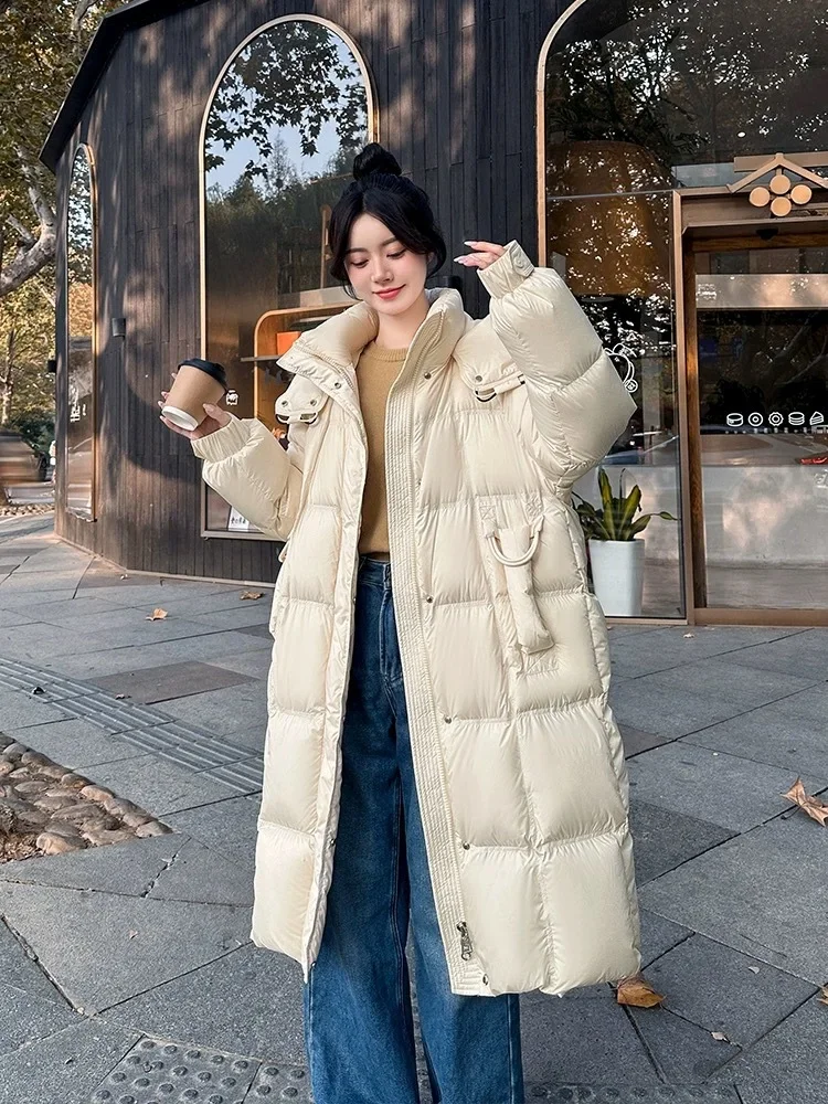 

Women's Solid Colour Long Down Jacket Winter Warm Coat High-end Collar Hooded Parka Fashion Knee-length White Duck Down Coat