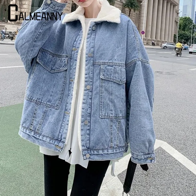 2024 Winter New Jeans Coats Women Warm Thick Fleece Denim Jacket Korean Loose Hooded Fur Collar Long Parka Outerwear