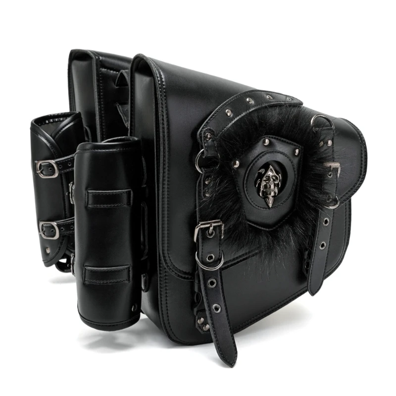 M76E Motorrad-Satteltaschen-Paar für seitliche Aufbewahrung mit Nietenverzierung, Totenkopf-Abzeichen und Schnallenriemenklappe – Detail 1