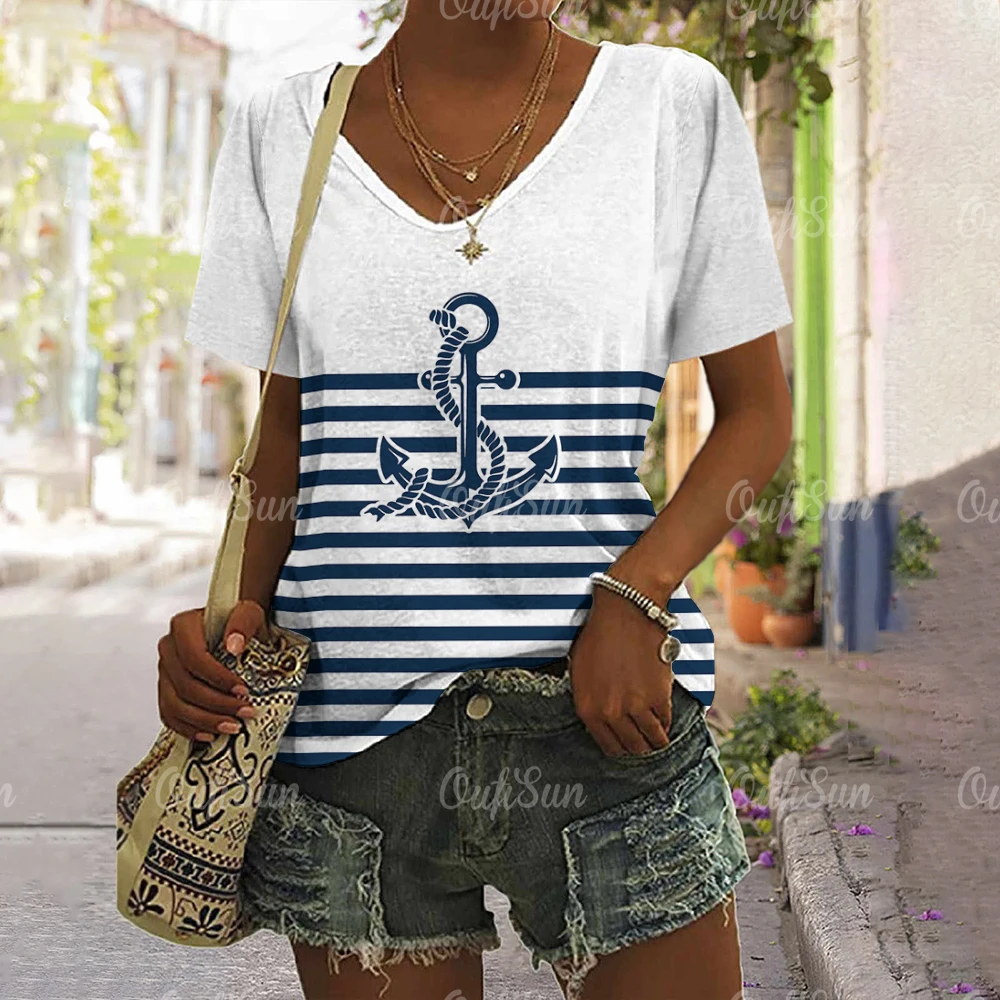 

2024 T-Shirt For Women Anchor Print Tees Plus Size Summer Oversized T-Shirts Women's Clothing V-Neck Top Female Fashion Trend