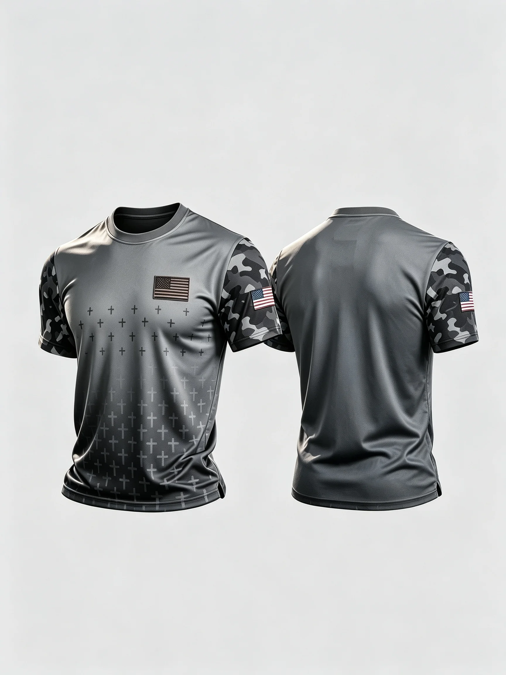 Men Navy Blue Sports T-Shirt US Flag Patch Camo Sleeve Cross Gradient Print Short Sleeve Patriotic Casual Athletic Tee Tops