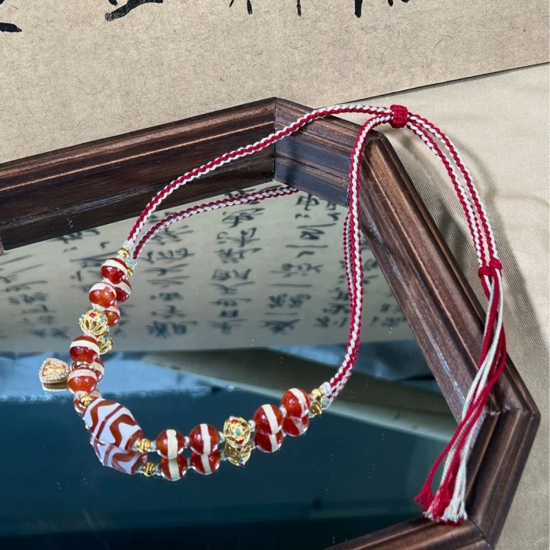 Tibetan-Style Double Tiger Tooth Agate Dzi Necklace Pendant, Handmade Cultural Accessory, Buddhist Bead Men And Women