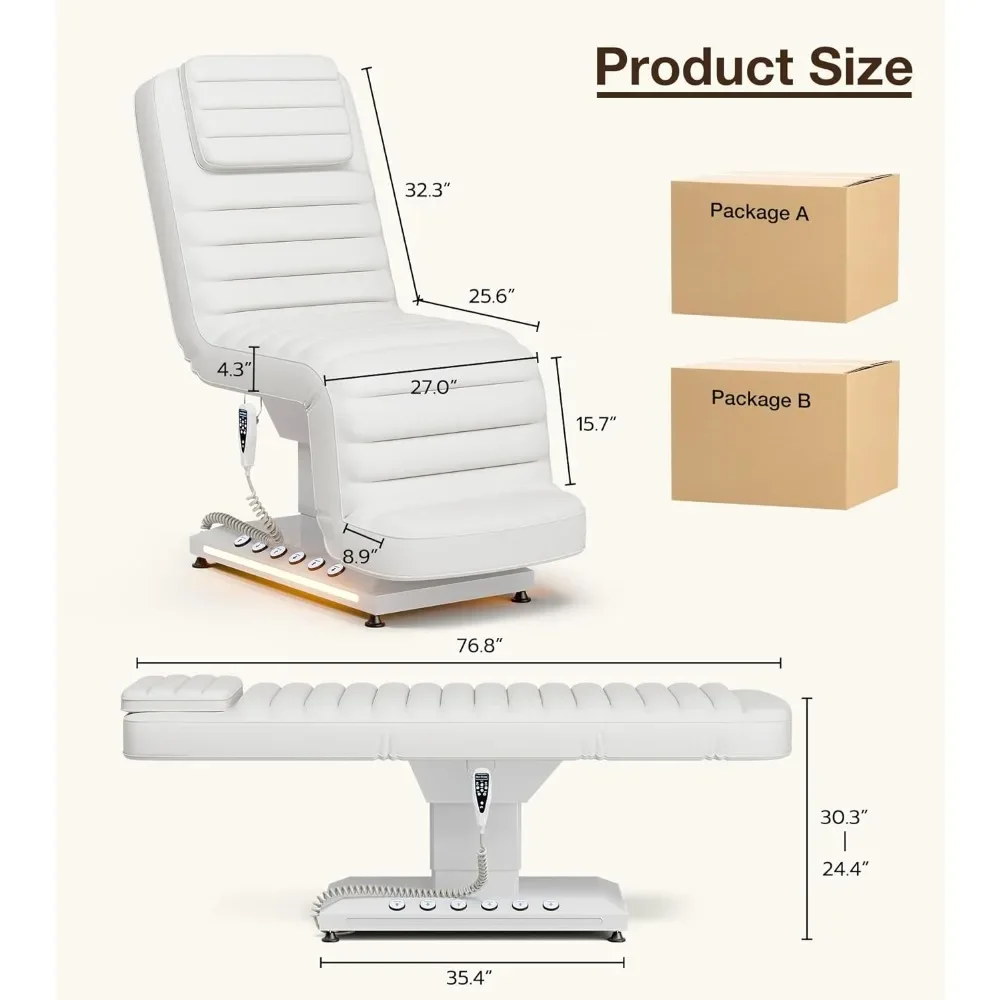 Fully Electric Spa Chair 3 Motor, Professional Electric Height & Angle Adjustable Massage Table with LED Lights,White