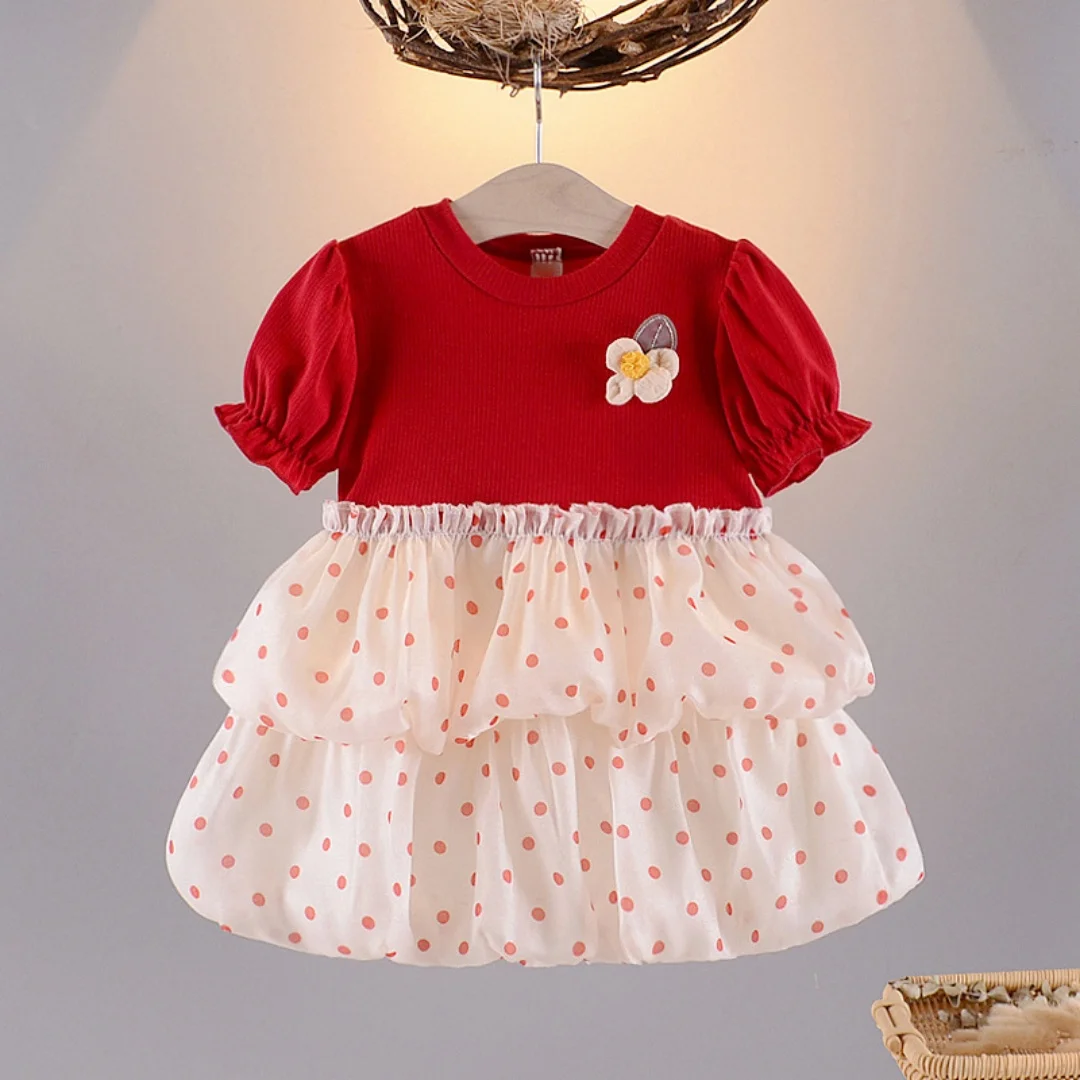 

Baby Clothes Girl Summer Floral And Spot Pattern Bubble Sleeve Puffy Baby Dresses Cute Casual Gentle Baby Girl Dress