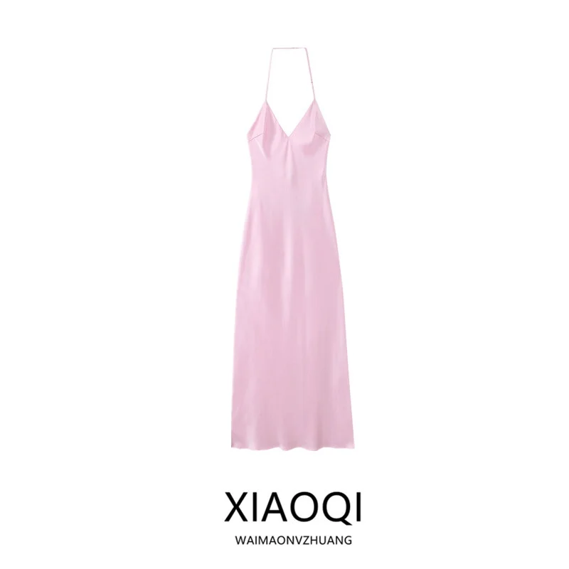 فستان ميدي بملمس حريري ساتان، تصميم أزياء نسائية صيفية جديدة لعام 2025، فستان بخصر مرتفع وقصة A، ياقة على شكل V بدون أكمام