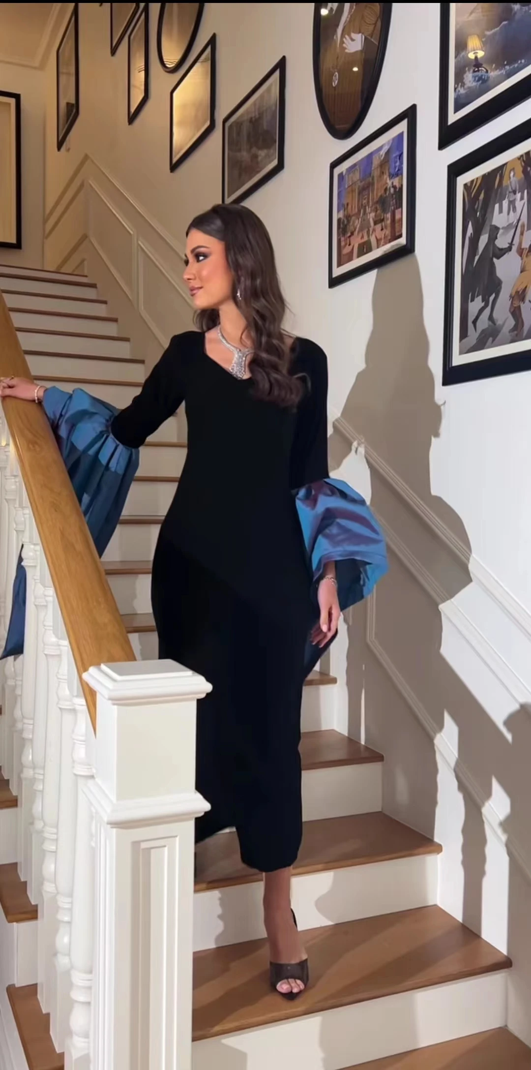 AsaNagi Black V Neck Evening Dresses Ankle-Length Blue Flare Sleeves Elegant Formal Occasion Dress 2025 New Can Customized