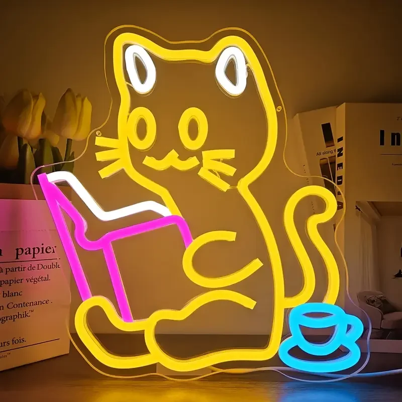 Mouse Reading Neon Led Sign Cat Read Book Hanging Light for Wall Decor For Study Room Library Dimmable Room Decoration USB Power