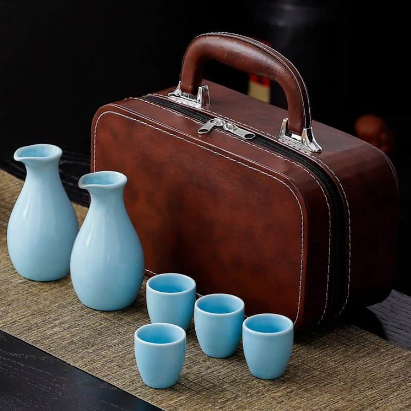 

Japanese Ceramic Sake Pot Cups Set Travel Portable Outdoor 2 Pots of 4 Cups Wine Pot Household Wine Dispenser Baijiu Cup Gift