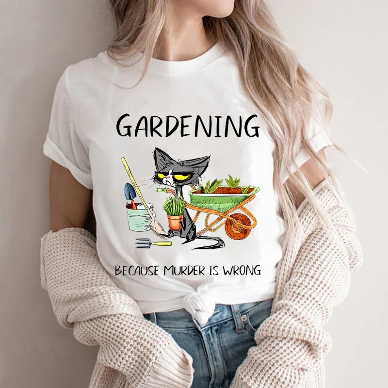 Women\'s T-shirts Gardening Because Murder Is Wrong Shirt Black Cat Tshirts Funny Cat Tees Gardening Lover Shirts Sarcastic Tees