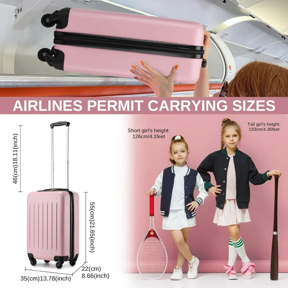 20-Inch Lightweight Hardside Carry-On Suitcase with Spinner Wheels, Pink Rolling Cabin Luggage for Air Travel (1-3 Days)