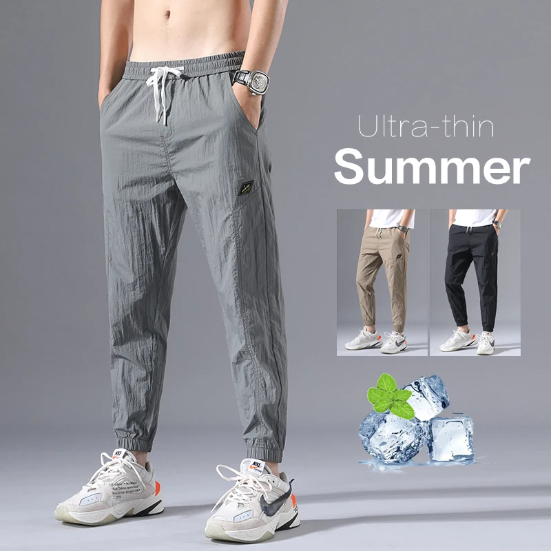 2026 Sommer Dünne Herren-Haremshose aus Knitter-Stoff, locker geschnitten, schnell trocknend, mit elastischem Bund, lässige Hose mit elastischem Saum, City Boy