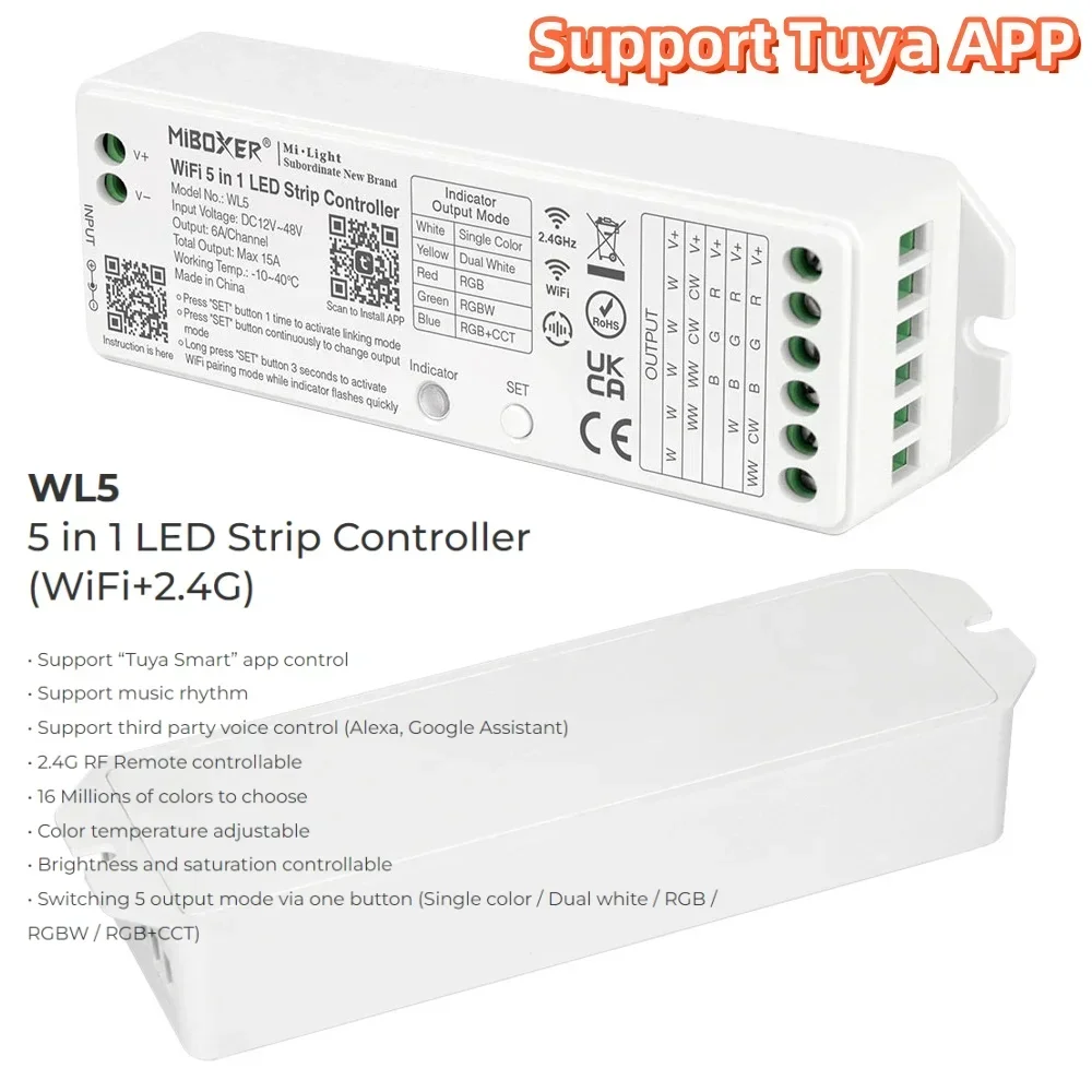 Miboxer WiFi 5 in 1 WiFi Led Controller WL5  For Led Strip Support Tuya or Not Support Tuya App/Third Party Voice App Control