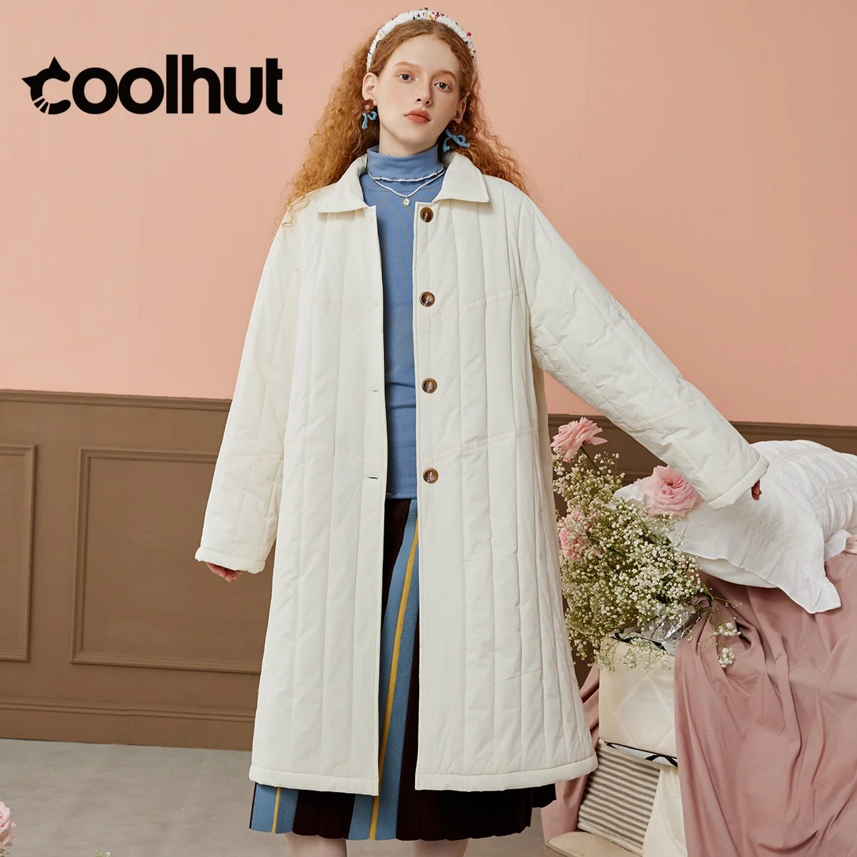 

COOLHUT женская стеганая куртка с длинными лацканами, зимнее пальто, легкая стеганая верхняя одежда с вертикальной строчкой, свободная посадка