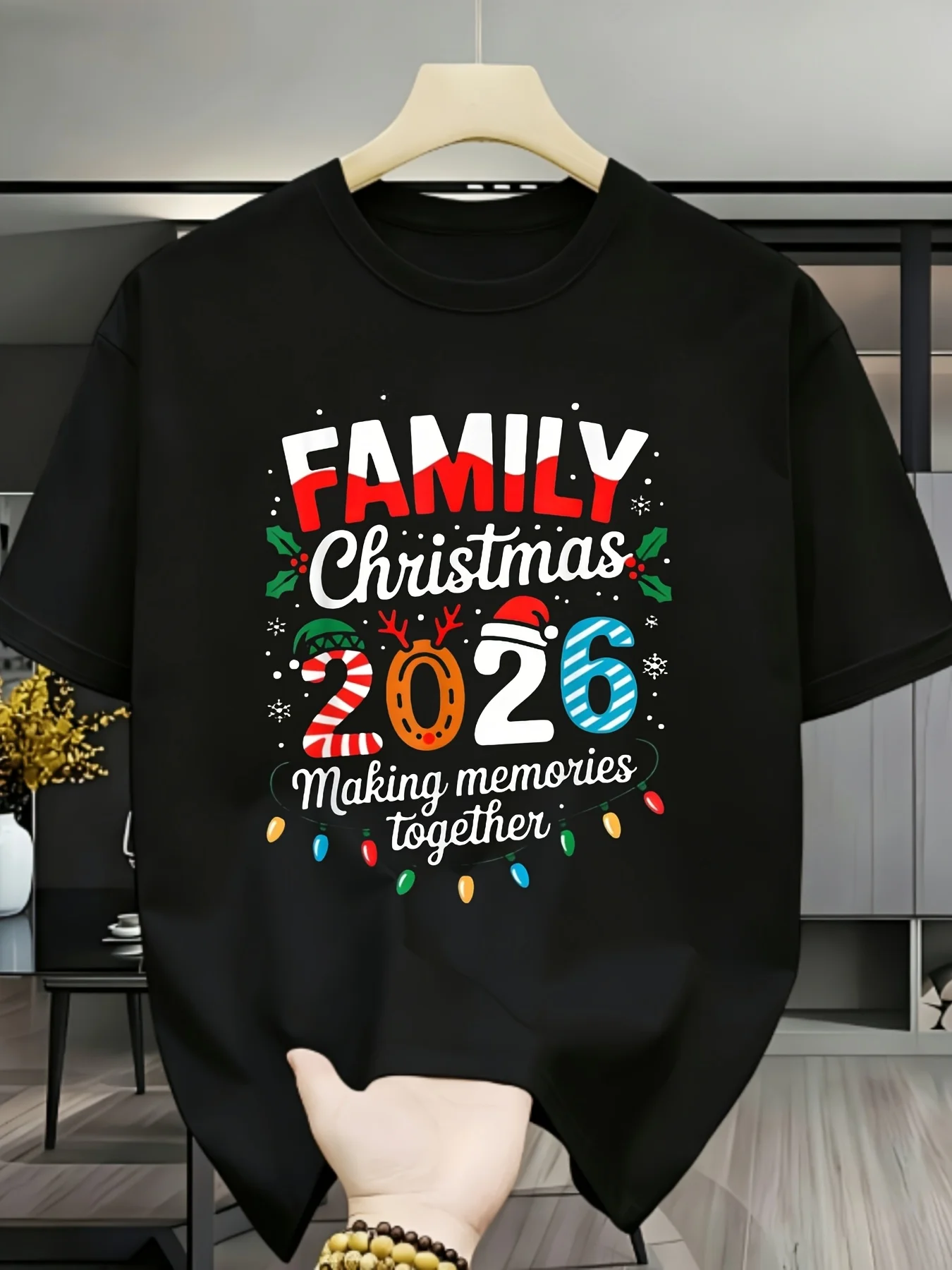Unisex Basic Short Sleeve Top Family Christmas 2026 Holly Festive Light Letter Graphic Print Party Shirts