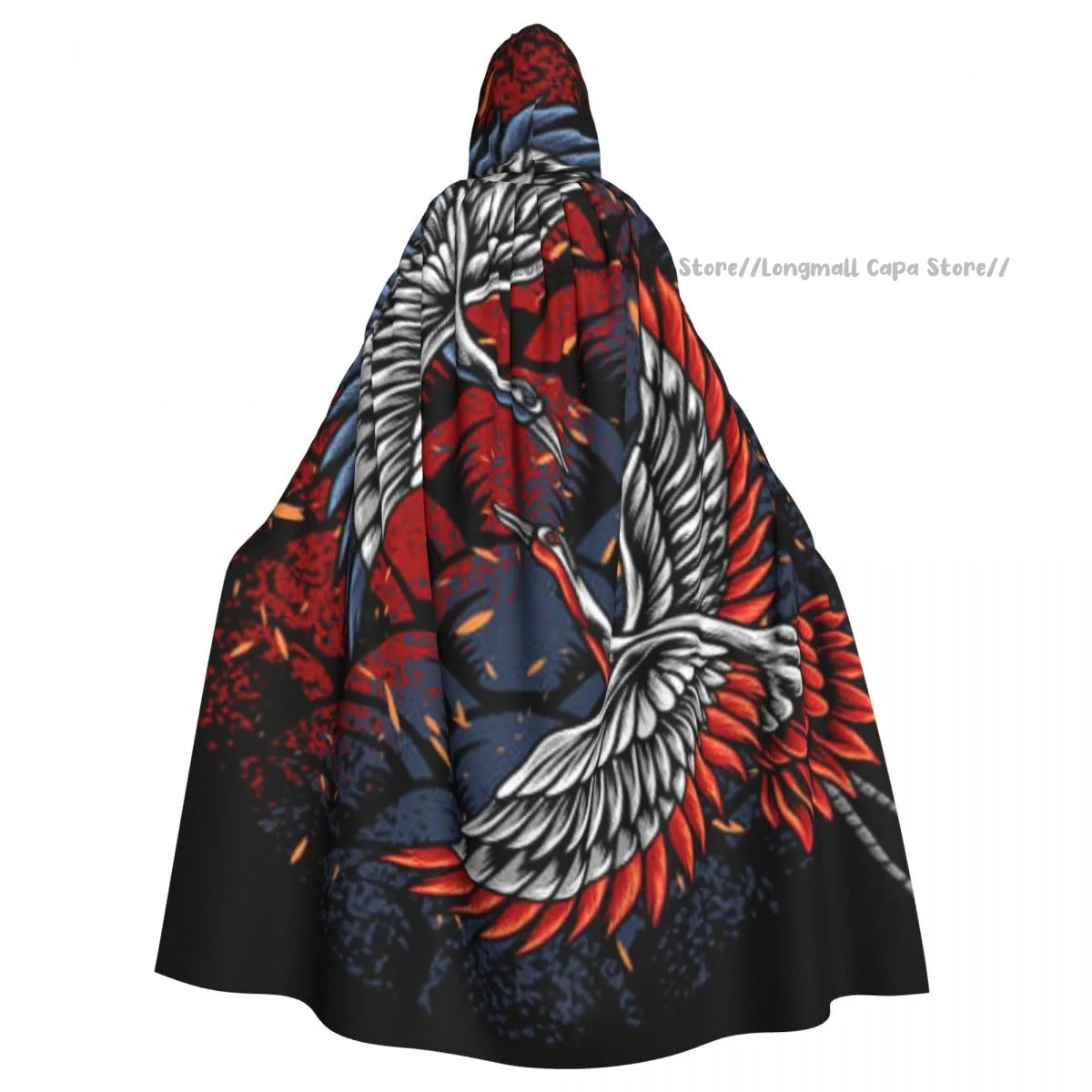 Adult Halloween Japanese Battle Cranes Cloak Cape Hooded Medieval Costume Full Length Dress Coat