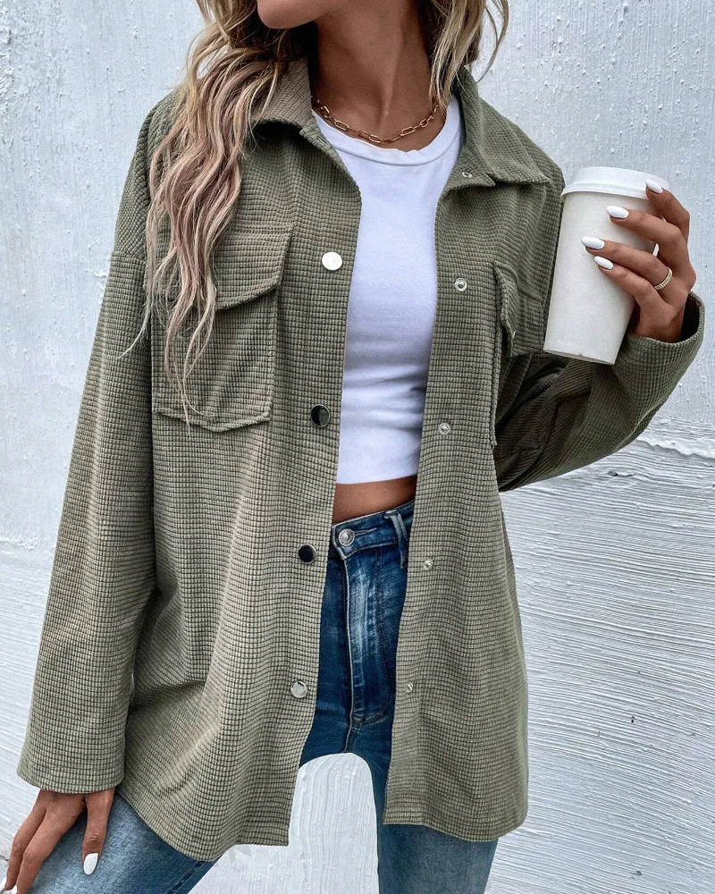 Elegant Basics Jacket Women Autumn Turn-down Collar Long Sleeve Button Down Waffle Knit Shacket Loose Fit Coat with Pockets