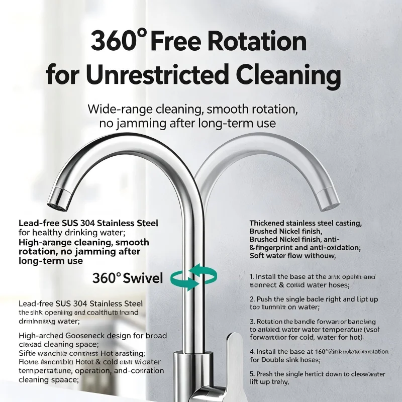 Punch-Free Black Nickel Bathroom Sink Faucet 360° Rotatable Stainless Steel Single Handle Hot Cold Water Mixer Tap Modern Wall M