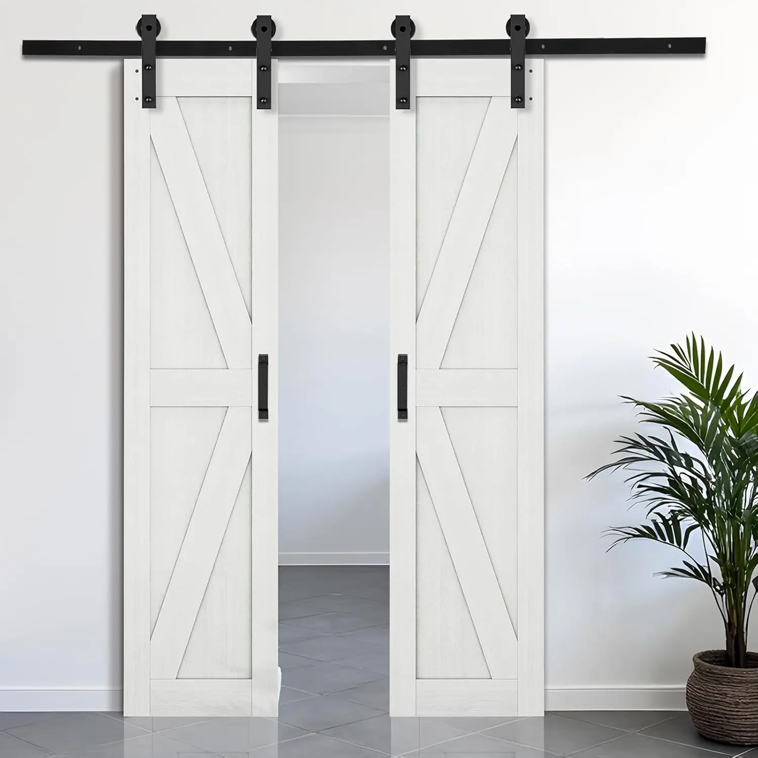 White MDF Barn Door with 7 FT Sliding Door Hardware Kit and Handle/Solid Spruce Wood/Door No Assemble, K-Frame, White