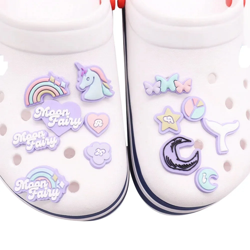 New Arrival 1pcs PVC Shoe Charms Kawaii Unicorn Moon Butterfly Heart Star Buckle Clog Fit Wristbands Hole Slipper Decoration