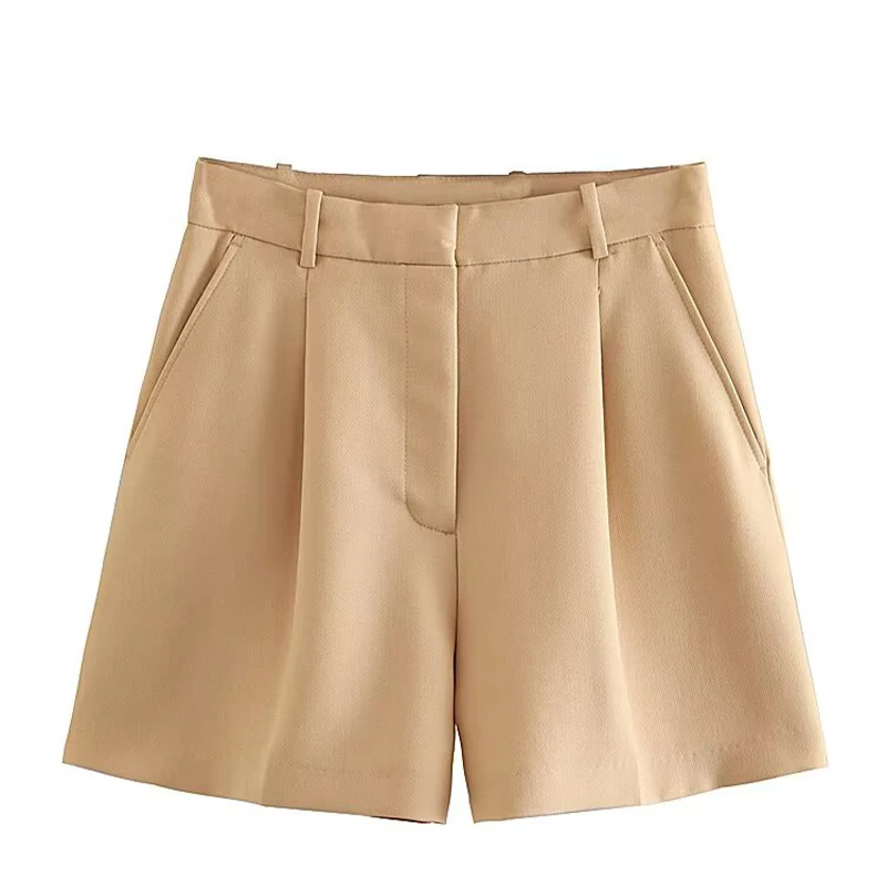 CLAZZAA Women Fashion White Pleated Front Zipper Shorts Vintage High Waist Female Chic Lady Shorts