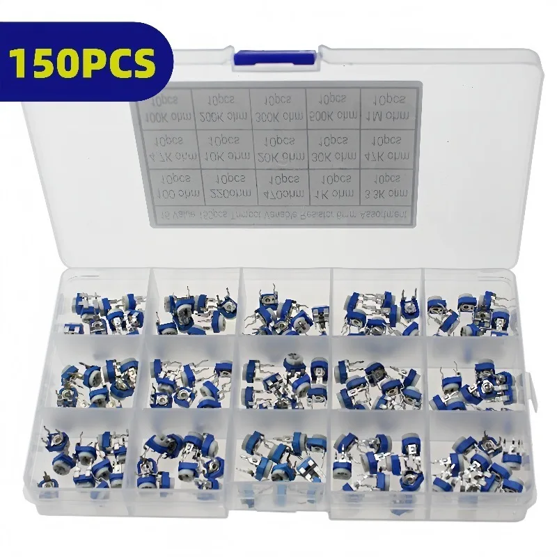 150Pcs Trimming Potentiometer Assorted Kit, 15 Values 10Pcs Each 100R‑1M Ohm Adjustable Variable Resistor Trim Pot