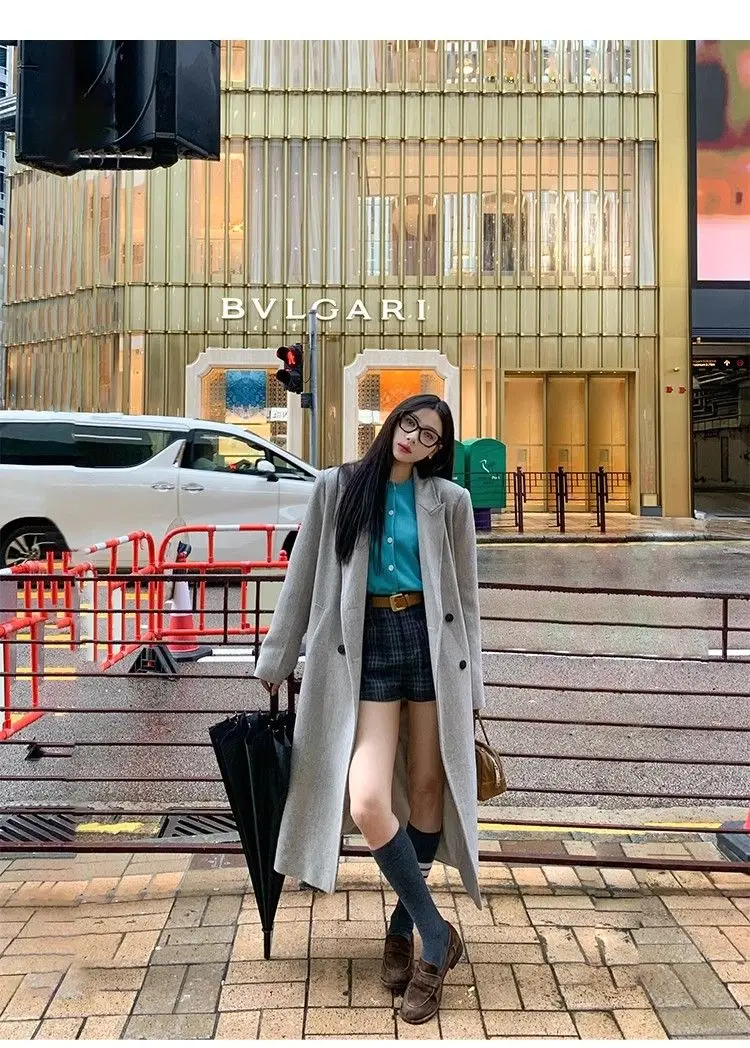 

Wool Blend Coats Mid Long Womens Coat Black Winter Blended Button-Up Faded Simple Parisian Style School Artistic Leisureful Chic