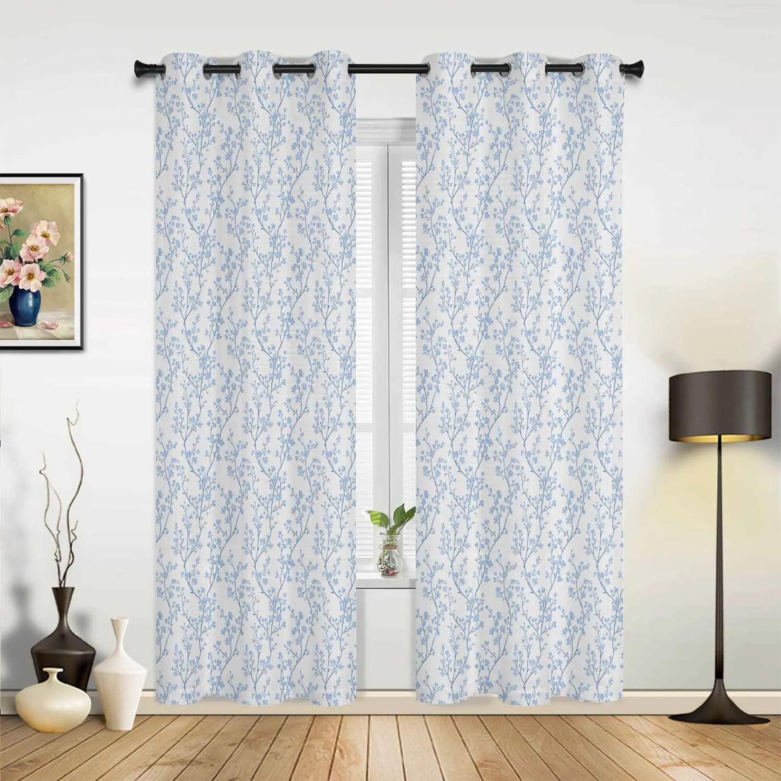 Floral Tree Branch Texture Blue Window Window Curtains Living Room Bathroom Bedroom Decor Kids Window Treatment