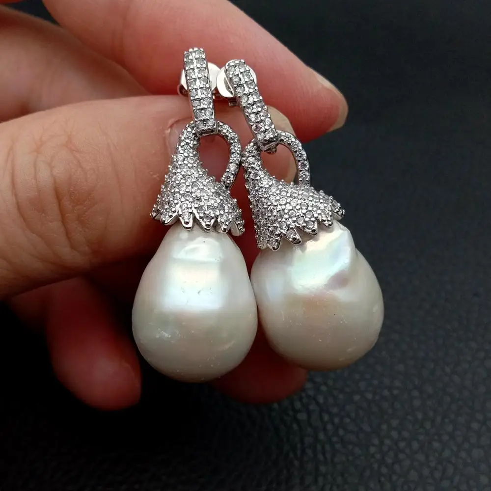 YYGEM 14x21MM Cultured White Keshi Pearl White cz pave silver color plated Stud Earrings