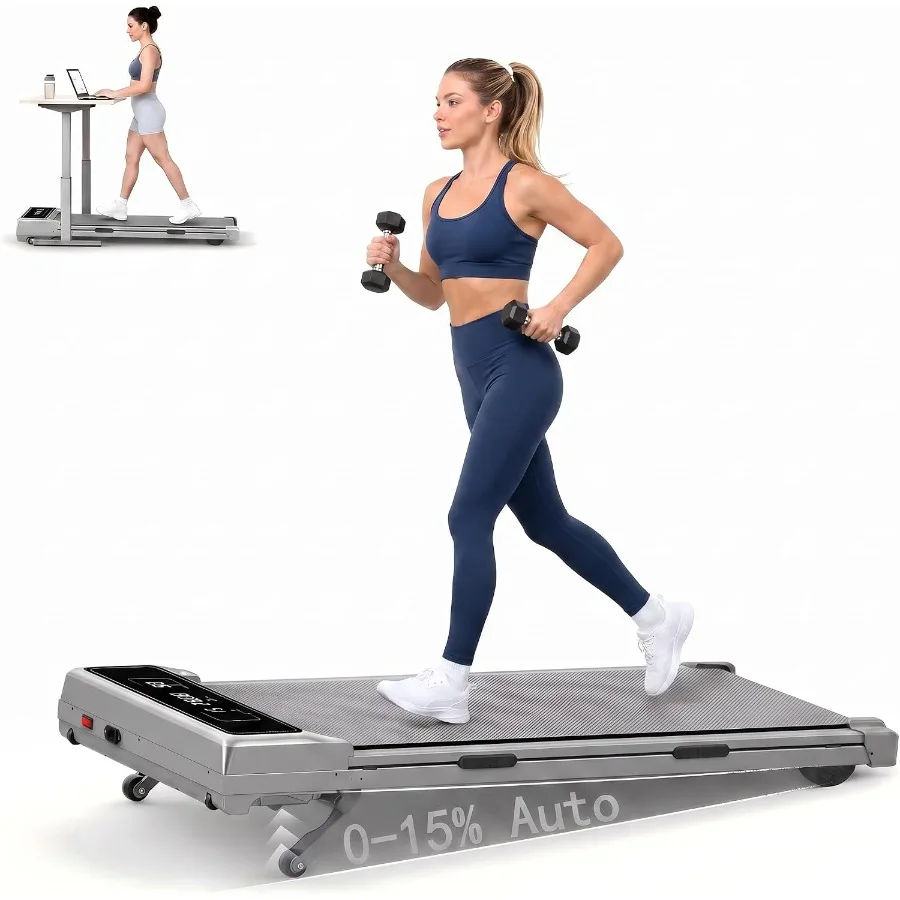 Under desk walking pad treadmill with 15 auto incline, aluminum alloy frame, black finish, compact foldable design for home off