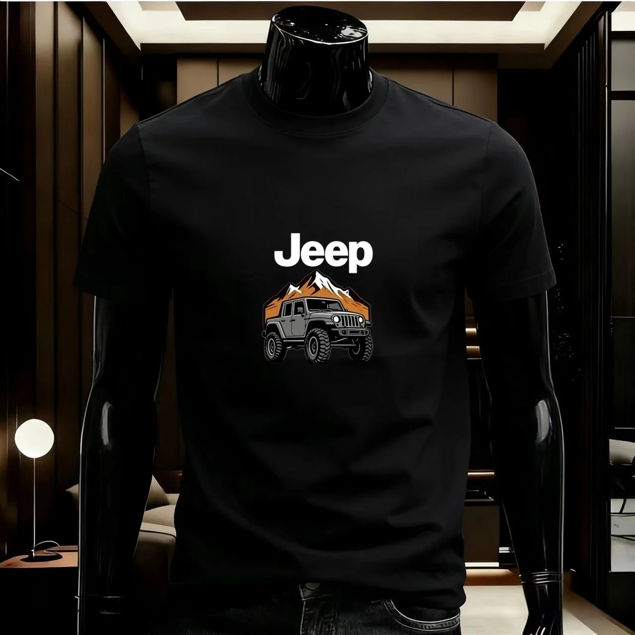Jeep Men's Summer Round-Neck T-Shirt, with Sports Off-Road Vehicle Pattern, Large-Sized Printed and Versatile, Fashionable Stree
