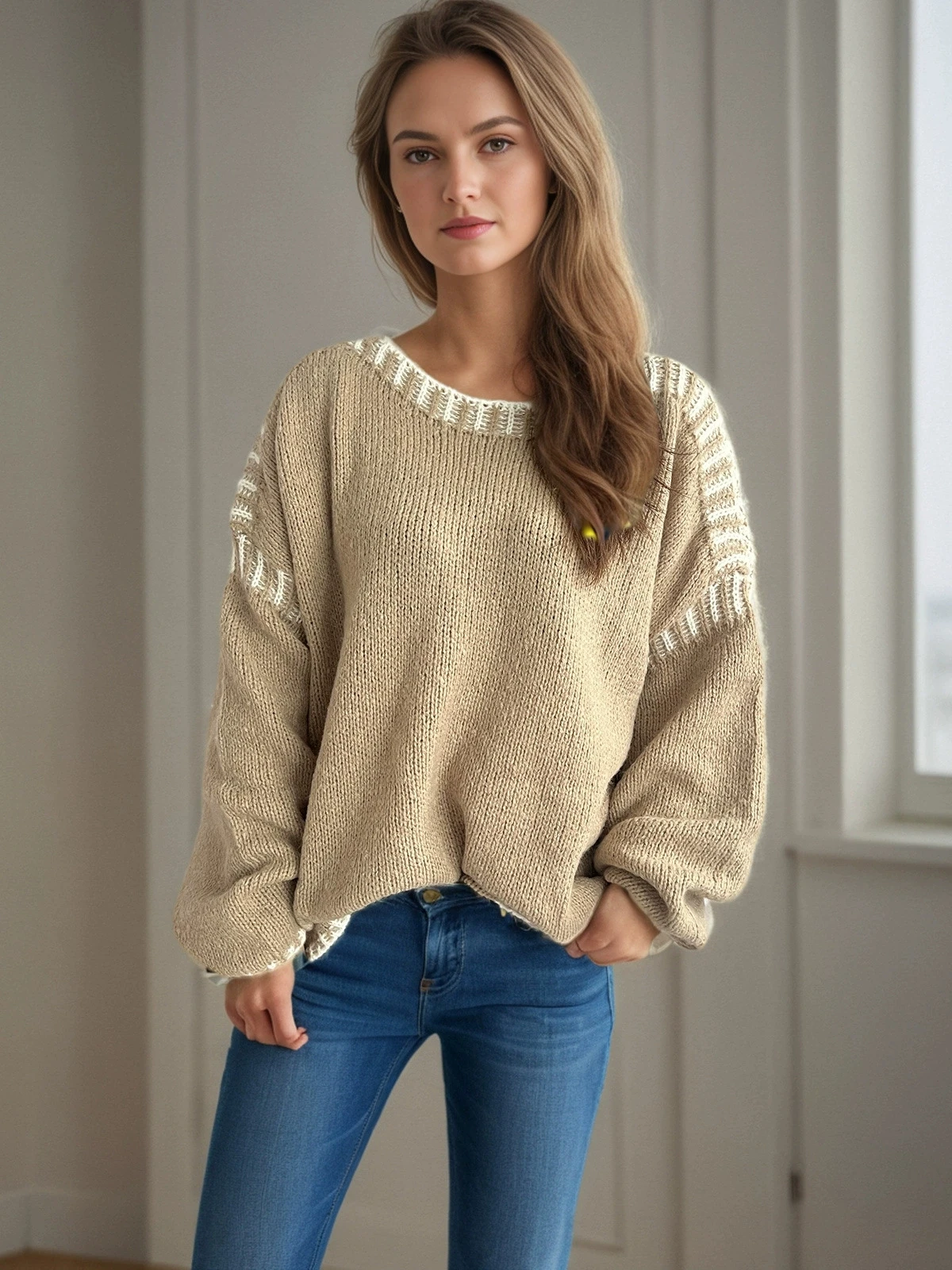 

Autumn and winter new color blocked women's sweater round neck casual loose elegant women's pullover