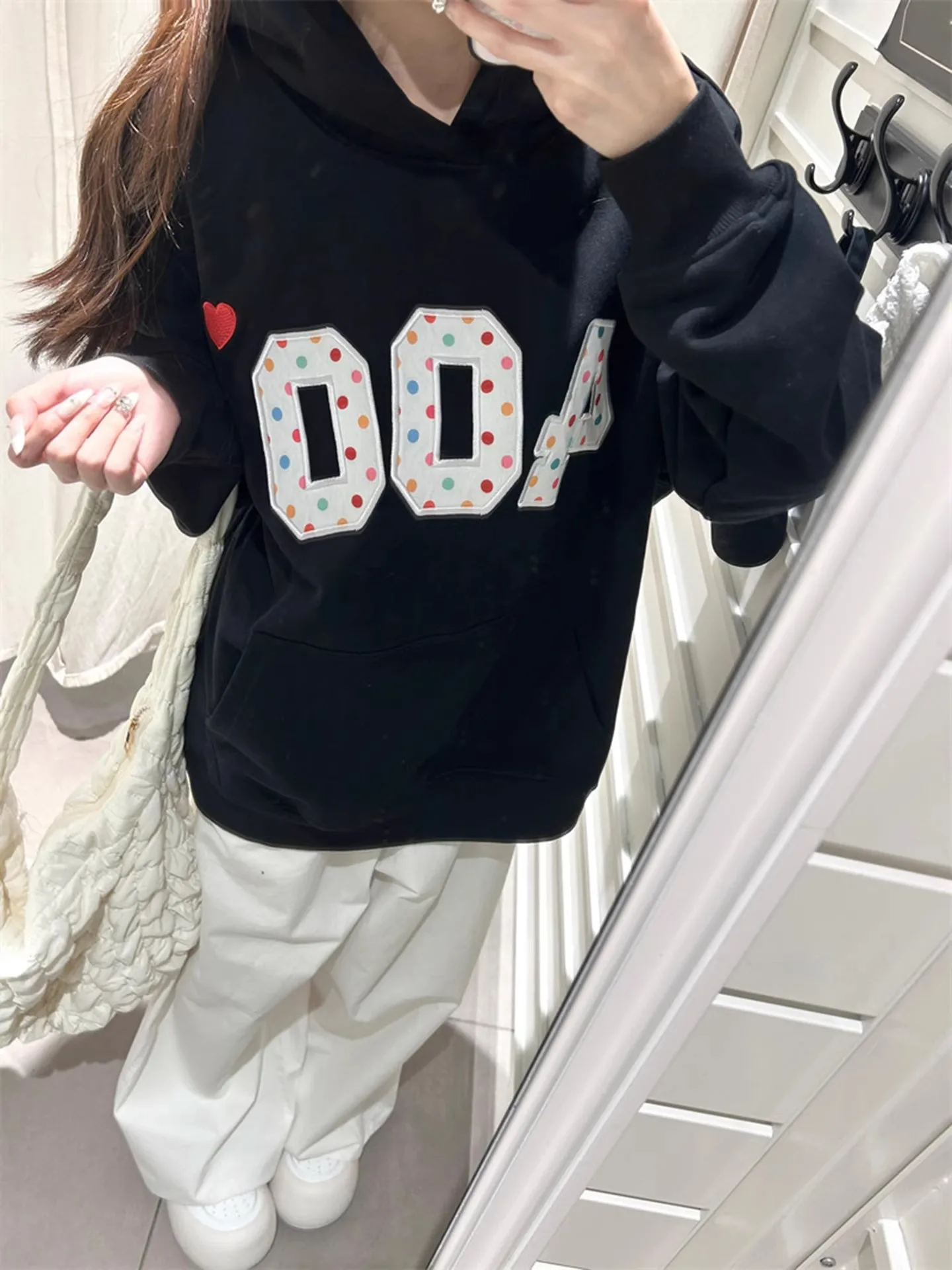 

Женская толстовка в стиле ретро с американским принтом в горошек и цифрами, свободного кроя, для весны, осени и зимы, повседневная, для создания стройного силуэта