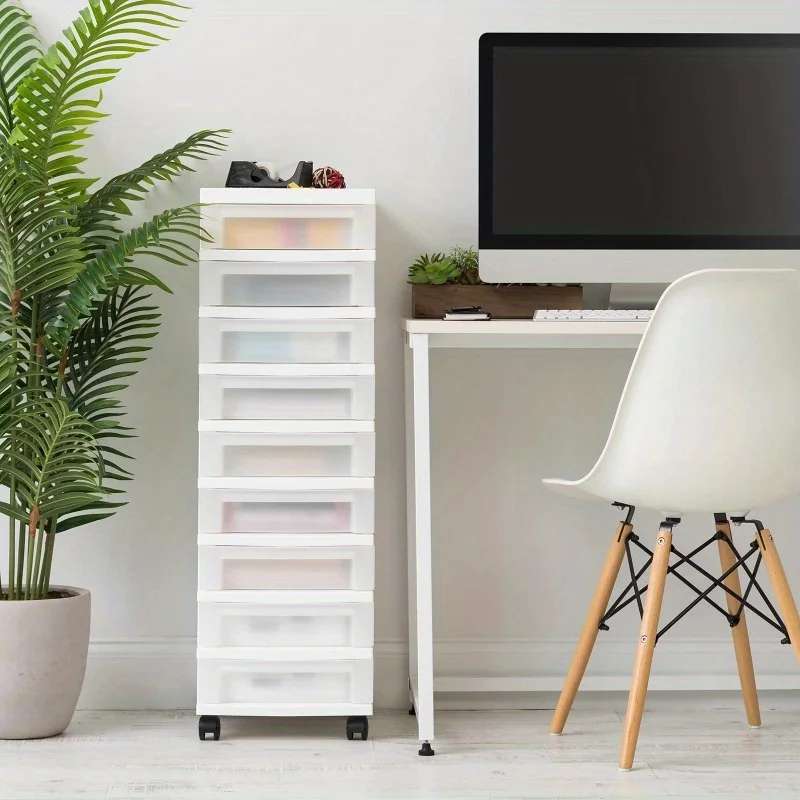 

I9 Drawer Narrow Plastic Storage Drawer Cart with Organizer, White