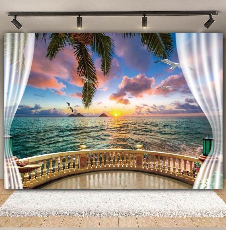 Tropical Ocean Beach Backdrop for Photography Summer Seaside Hawaiian Palm Tree Curtain Birthday Holiday Travel Party Background