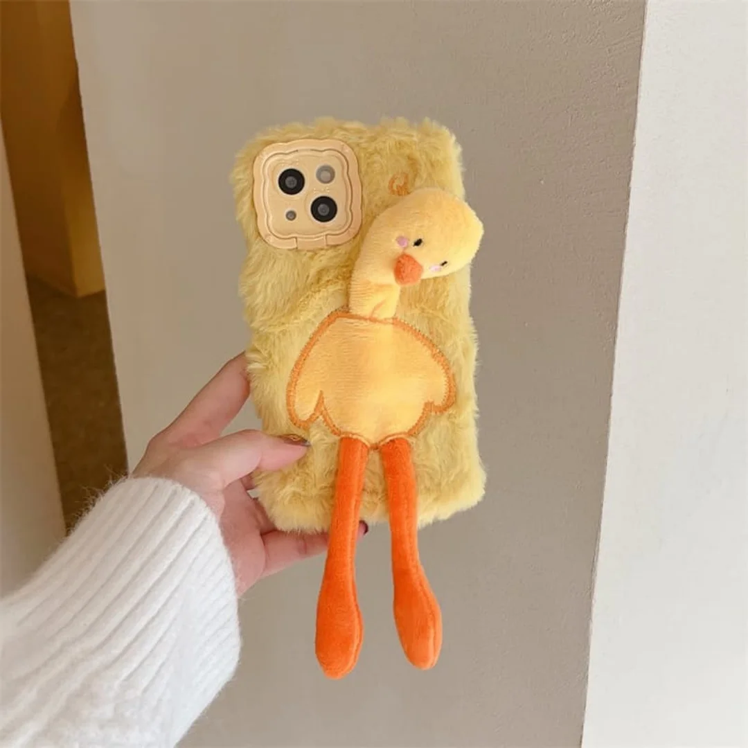

3D Funny Long neck yellow Duck toy Phone Case for iPhone 17 Pro 16 15 14 Pro Max Winter Warm fashion Sweater Soft Cover