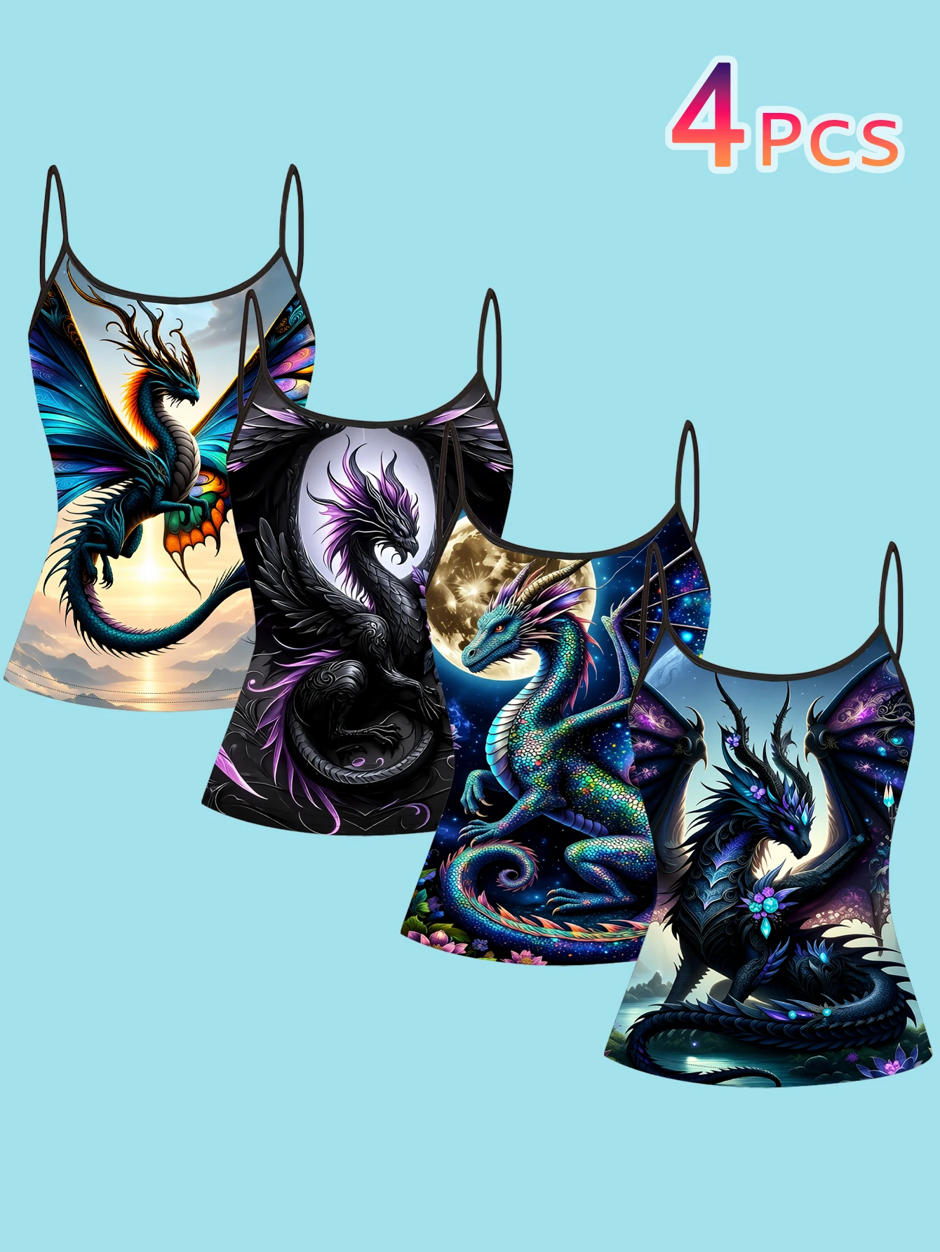 4-Piece Set of Women's Fantasy Color-Winged Dragon Print Camisoles, Star and Moon Wonderland Mythological Dragon Slim-Fit Spaghetti Strap Inner Tops